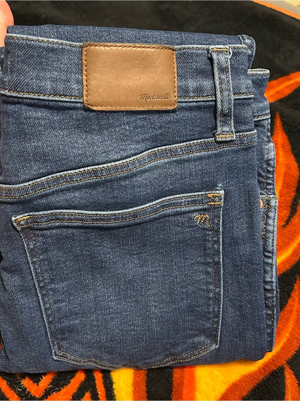 Madewell Dark Indigo Skinny Jeans with Brown Leather Patch
